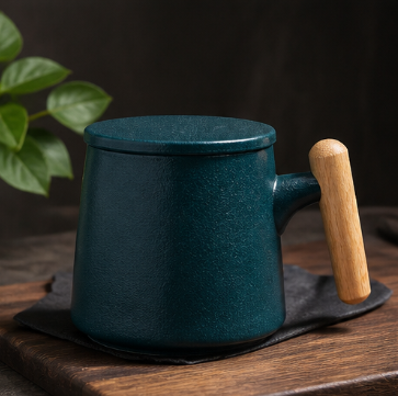 Wooden Handle Ceramic Mug – Rustic Stoneware Tea Cup with Infuser Lid for Loose Leaf Tea & Coffee