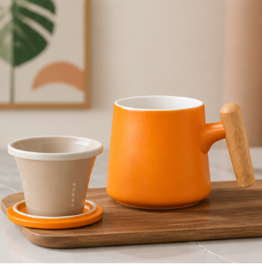 Wooden Handle Ceramic Mug – Rustic Stoneware Tea Cup with Infuser Lid for Loose Leaf Tea & Coffee