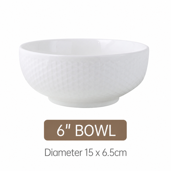 White Ceramic Bowl – Grid Pattern Rice, Soup & Salad Bowl for Home & Hospitality
