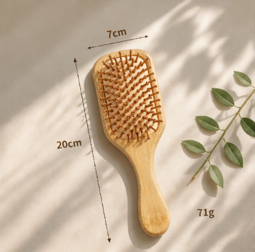 Natural Bamboo Cushion Massage Comb – Anti-Static, Scalp Care, Portable Detangling Hairbrush
