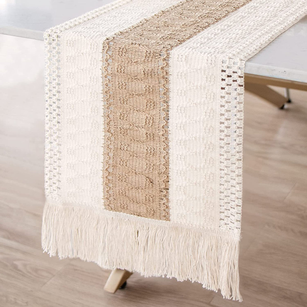 Boho Tassel Table Runner, Cotton Linen Crochet Woven Table Decor for Parties and Home Styling