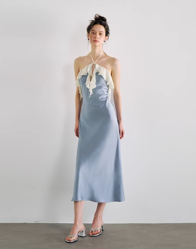 Satin Bloom Halter Maxi Dress