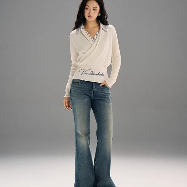 Ivory Collar Wrap-Knit Sweater Top