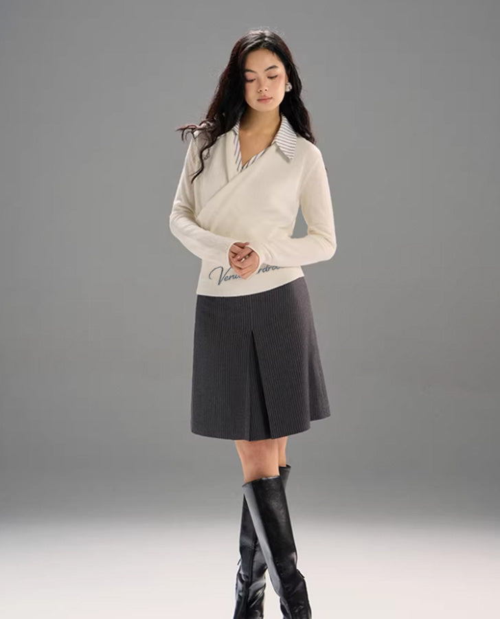 Ivory Collar Wrap-Knit Sweater Top