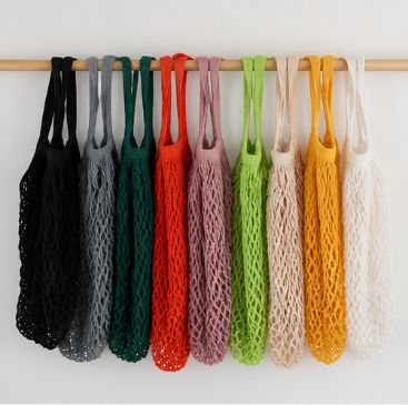 Organic Cotton Mesh Fruit Bag – Handheld & Shoulder String Market Bag with Adjustable Handles