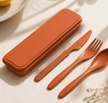 Wheat Straw Travel Cutlery Set – Portable 3-in-1 Fork, Knife & Spoon with Storage Case, Reusable & Eco-Friendly