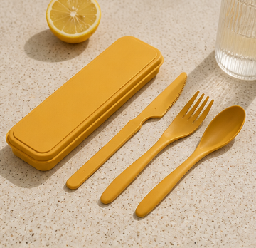 Wheat Straw Travel Cutlery Set – Portable 3-in-1 Fork, Knife & Spoon with Storage Case, Reusable & Eco-Friendly