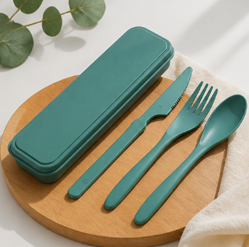 Wheat Straw Travel Cutlery Set – Portable 3-in-1 Fork, Knife & Spoon with Storage Case, Reusable & Eco-Friendly