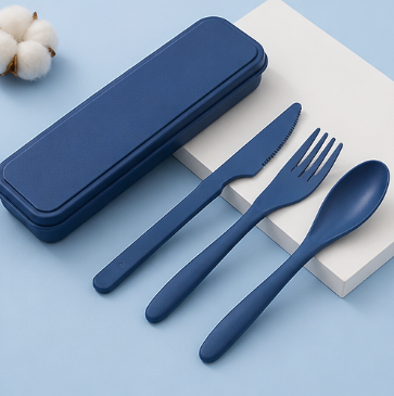 Wheat Straw Travel Cutlery Set – Portable 3-in-1 Fork, Knife & Spoon with Storage Case, Reusable & Eco-Friendly