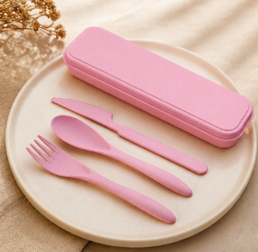 Wheat Straw Travel Cutlery Set – Portable 3-in-1 Fork, Knife & Spoon with Storage Case, Reusable & Eco-Friendly
