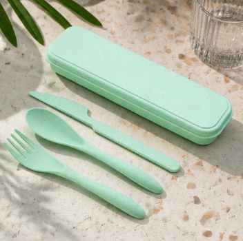 Wheat Straw Travel Cutlery Set – Portable 3-in-1 Fork, Knife & Spoon with Storage Case, Reusable & Eco-Friendly