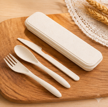 Wheat Straw Travel Cutlery Set – Portable 3-in-1 Fork, Knife & Spoon with Storage Case, Reusable & Eco-Friendly